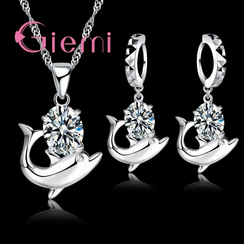 

Lovely Gift Jewelry Set S925 Romantic Dolphin Pendant Necklace Hoop Earrings for Women Girls Shining Oval Cubic Zircon Stones