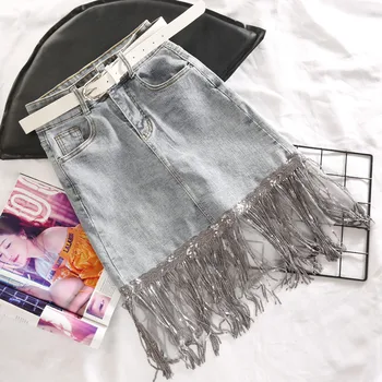 Denim Skirt Woman Summer High Waist Slim Package Hip Short Skirt 2020 Spring New Wild Tassel Sequins Fashion Skirts Woman Skirts 
Denim Skirt Woman Summer High Waist Slim Package Hip Short Skirt 2020 Spring New Wild Tassel Sequins Fashion Skirts Woman Skirts