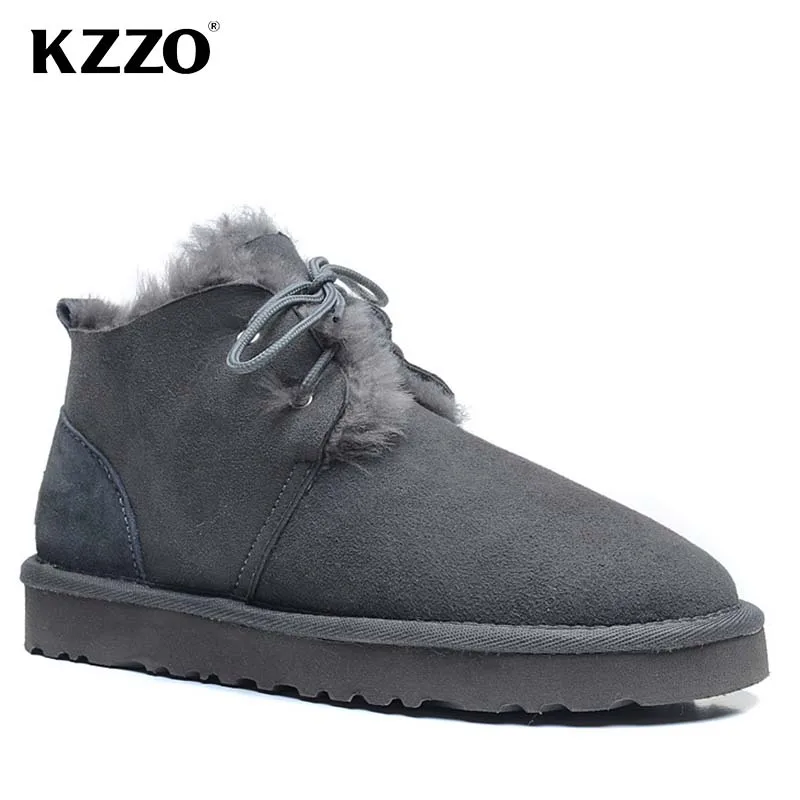 

KZZO Real Natural Sheepskin Suede Leather Ankle Snow Boots For Men Shearling Lined Winter Warm Non-slip Lace-up Wool Fur Shoes