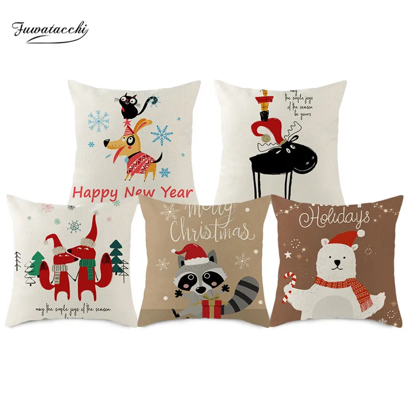 

Fuwatacchi Christmas Gift Cushion Cover Linen Deer Printed Throw Pillows Case for Home Sofa Decorative Pillows Cover 45*45cm