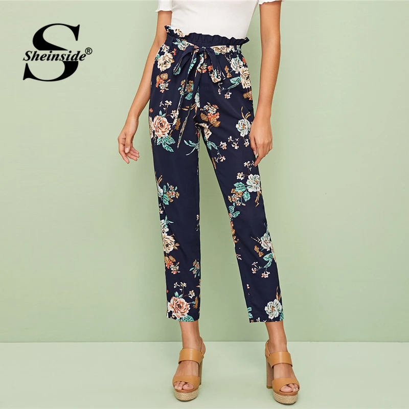 

Sheinside Navy Floral Print High Waist Pants Women 2019 Autumn Belted Crop Trousers Ladies Casual Paperbag Waist Pants