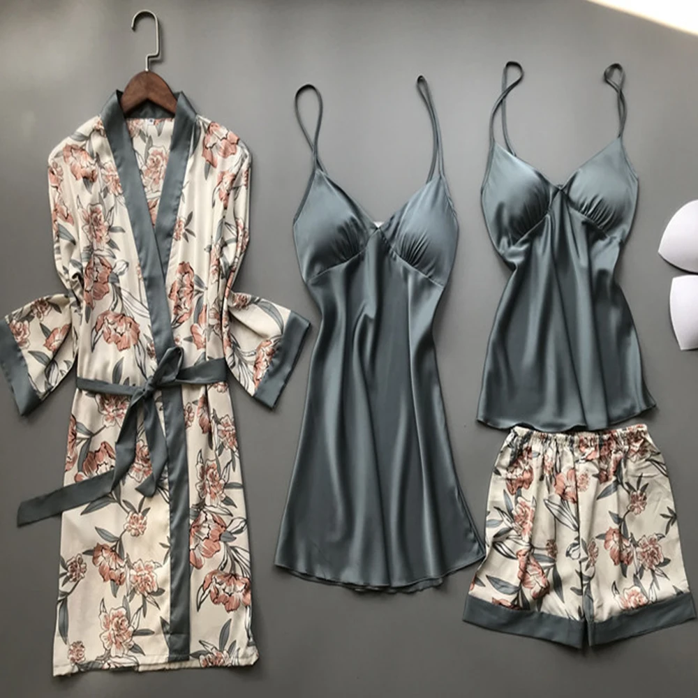 Women Pajamas Summer Silk Robe Sleepwear Pijama 4 Pieces Silk Satin Shorts Sleepwear Embroidery Sleep Lounge Pyjama Chest Pads
Women Pajamas Summer Silk Robe Sleepwear Pijama 4 Pieces Silk Satin Shorts Sleepwear Embroidery Sleep Lounge Pyjama Chest Pads