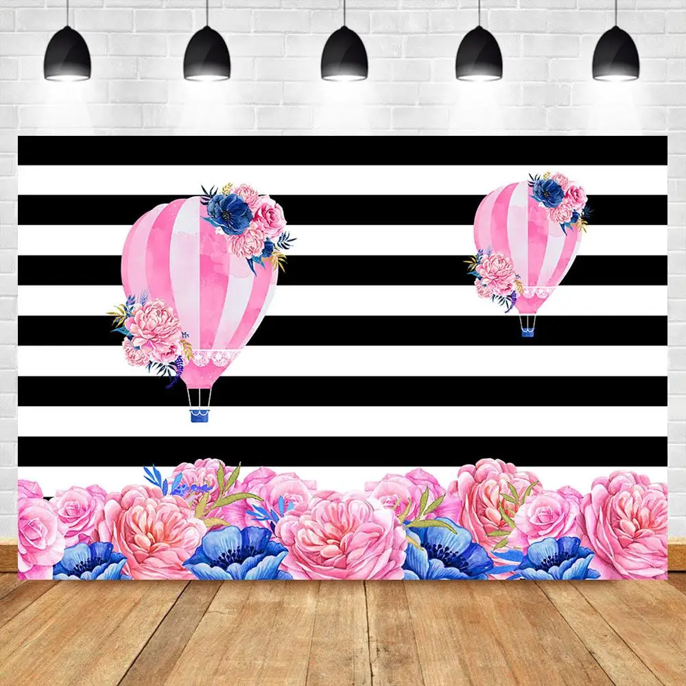 nitreeBlack White Stripes Background Pink Hot Air Balloon Backdrop Birthday Party Wedding Banner Decorations | Электроника