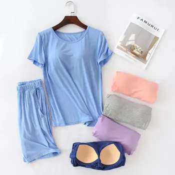 With Chest Pad 2Pcs Pajamas Sets Modal Sleepwear Women's Summer Short Sleeve Home Clothes Pyjama Femme Lounge Wear Large 
With Chest Pad 2Pcs Pajamas Sets Modal Sleepwear Women's Summer Short Sleeve Home Clothes Pyjama Femme Lounge Wear Large