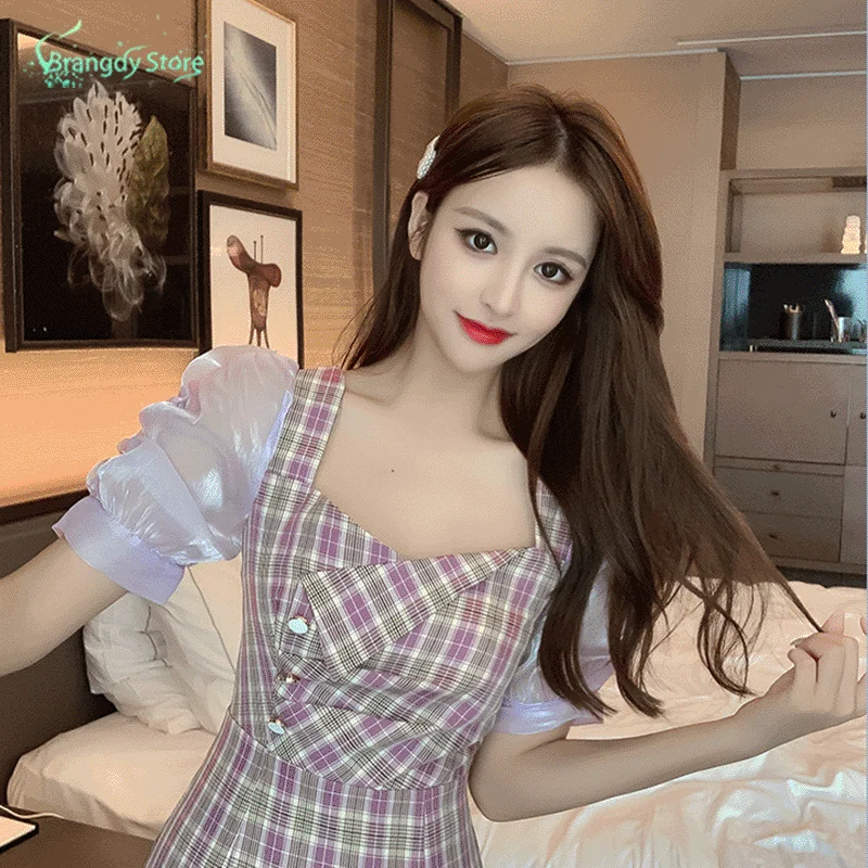 

2021 Fashion Women Fairy Summer Dress Harajuku Plaid Skirt Korean Fashion Cottagecore Vestido de Mulher Short Sleeve Mini Dress