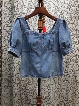 2020 Spring and Summer New Women's Square Collar Solid Color Decorative Short Sleeve All-Match Denim Short Top 619
2020 Spring and Summer New Women's Square Collar Solid Color Decorative Short Sleeve All-Match Denim Short Top 619