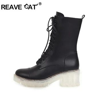 REAVE CAT Autumn Motorcycle Mid-Calf boots White heel wedges PU Zipper Cross-tied Big size 33-43 Sliver Black Beige Club S1996 
REAVE CAT Autumn Motorcycle Mid-Calf boots White heel wedges PU Zipper Cross-tied Big size 33-43 Sliver Black Beige Club S1996