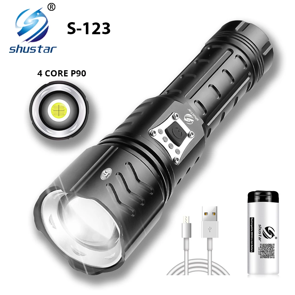 Фото Super Bright 4 Core P90 LED Flashlight With Battery Display Portable outdoor waterproof light Suitable for camping adventure | Лампы и