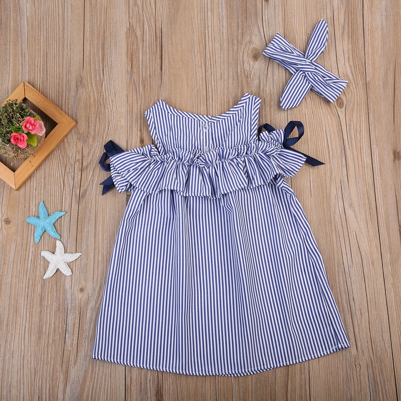 2020 Fashion Sweet Lovely Summer Dress Toddler Baby Girls Off Shoulder O-Neck Bow Blue Striped Straight Mini Dress Outfit Party 2020 Fashion Sweet Lovely Summer Dress Toddler Baby Girls Off Shoulder O-Neck Bow Blue Striped Straight Mini Dress Outfit Party