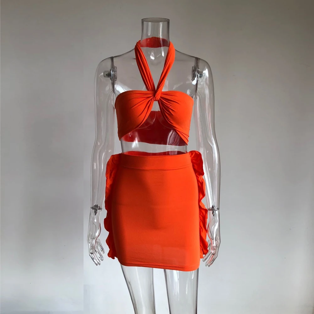KGFIGU 2020 New Arrival Solid color sexy suspender wrapped chest strap tight lifting hip Mini Skirt Suit