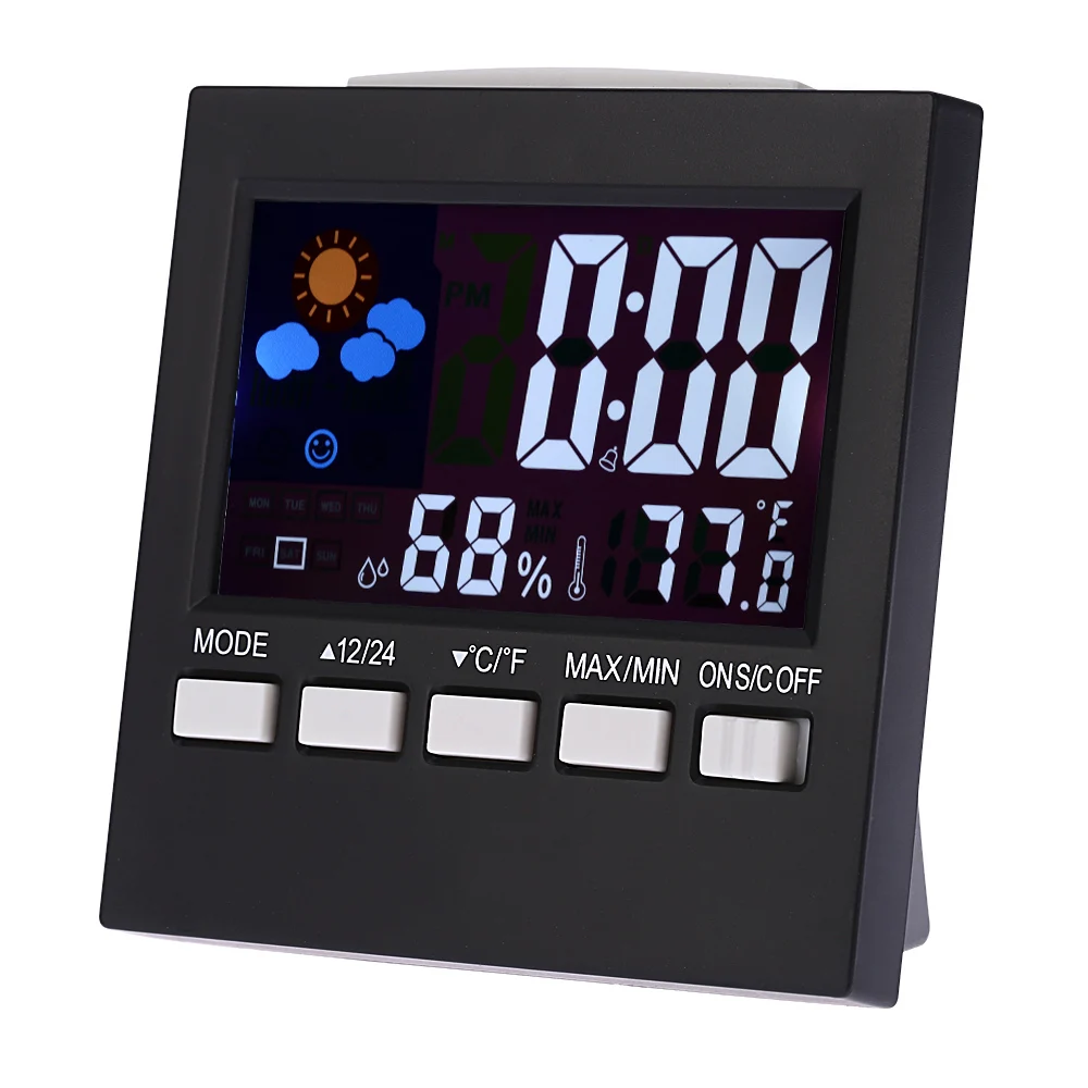 Multi-functional Digital Colorful LCD Thermometer Hygrometer Clock Alarm Snooze Function Calendar Weather Forecast Display
Multi-functional Digital Colorful LCD Thermometer Hygrometer Clock Alarm Snooze Function Calendar Weather Forecast Display