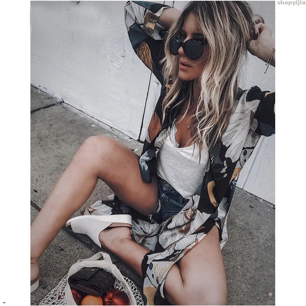 Fashion Spring Summer Beach Cover Up Long Tops Kimono Cardigan Floral Printed Sleeve Boho Loose Ladies Shirts Women Chiffon | Женская