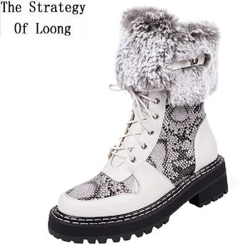 Plus Size 41-42 Women Genuine Leather Ankle Snow Boots Lady Platform Cross-tied Plush Snakeskin Short Equestrian Boots 191106 
Plus Size 41-42 Women Genuine Leather Ankle Snow Boots Lady Platform Cross-tied Plush Snakeskin Short Equestrian Boots 191106