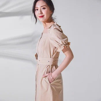 BG 2019 new women dress office lady Korean style elegant U neck slim simple Khaki J90422226 
BG 2019 new women dress office lady Korean style elegant U neck slim simple Khaki J90422226