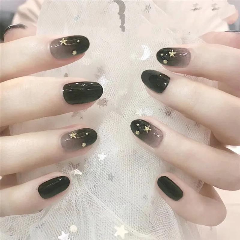 24pcs/Set Black Gradient Fake Nails Round Heed Gold Star Design False Nails Acrylic Finger Manicure Full Cover Nail Art Tips
24pcs/Set Black Gradient Fake Nails Round Heed Gold Star Design False Nails Acrylic Finger Manicure Full Cover Nail Art Tips