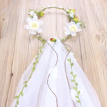 

Women Garland Veil Handmade White Rose Rattan Seaside Bridal Wreath Headdress Wedding Photography Props E15E
