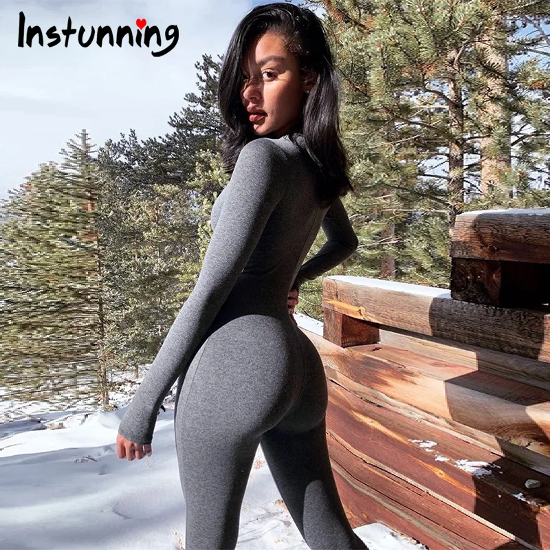 

Instunning Sexy Jumpsuit Women Long Sleeve Black Gray Autumn Skinny Elastic Streetwear Rompers New Casual Fitness Female Bodycon