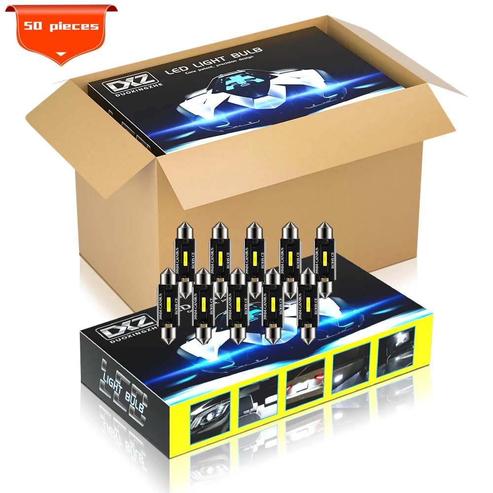 DXZ 50 шт в наборе гирлянда 39 мм C5W C10W светодиодный лампы 12V/24V 3W Canbus салона Карта