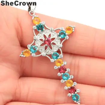 

63x33mm Multi Color Long Cross Citrine Garnet Aquamarine Pink Tourmaline White Sapphire CZ Woman's 925 Silver Pendant