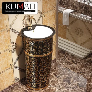 

European-Style Classical Pedestal Basin Gold Column Basin Color Gold Column Basin Black Washbasin Wash Basin Noble and Gorgeou