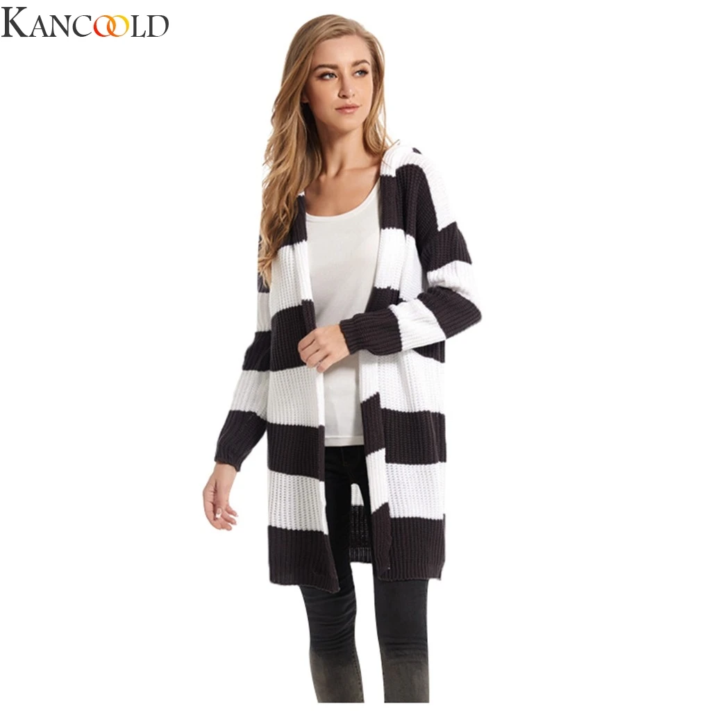 Фото KANCOOLD Women Autumn Winter Casual Striped Sweater Knit Cardigan High Quality Black White Colors Fabric Fashion |
