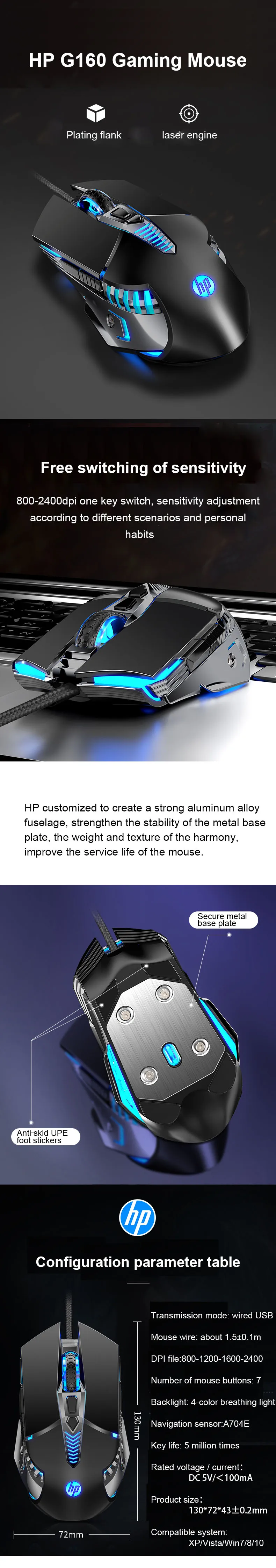 HP G160 Gaming Mouse 7Button Ergonomic Design PC Circle
