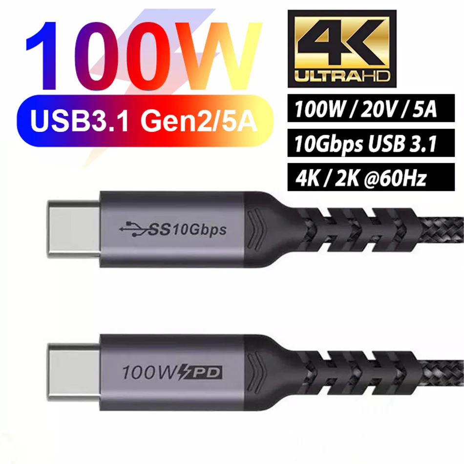 

URVNS USB C to Type C Cable For Macbook Pro 5A PD 100W USB 3.1 Gen 2 Fast USB-C Cable For Samsung S10 Note20 PD 3.0 QC 4.0 Cord