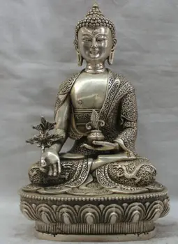 Chinese Tibet Tibetan Silver Buddhism Dragons Robe Medicine Buddha God Statue
Chinese Tibet Tibetan Silver Buddhism Dragons Robe Medicine Buddha God Statue