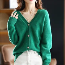 Pure Wool Sweater Women's Autumn Winter New Korean Version Loose Solid Color Wild V-neck Knitted Wool Cardigan Long-Sleeved Coat
Pure Wool Sweater Women's Autumn Winter New Korean Version Loose Solid Color Wild V-neck Knitted Wool Cardigan Long-Sleeved Coat