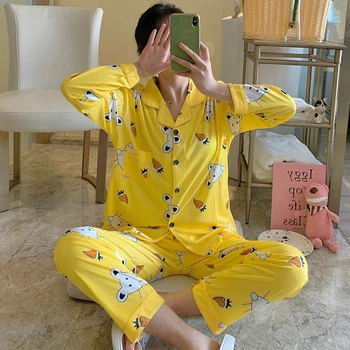 Summer Autumn Long Sleeve Pajamas For Women Cotton Good Quality 2 Pcs Lapel Pyjama Sets Loose Comfort Night Sleepwear
Summer Autumn Long Sleeve Pajamas For Women Cotton Good Quality 2 Pcs Lapel Pyjama Sets Loose Comfort Night Sleepwear