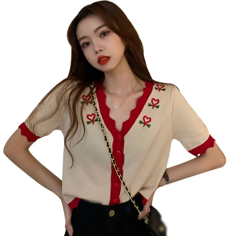 Women Thin Knitted Cardigan Tops Lovely Embroidery V-neck Short Sleeve Tees For Female бежевй ко
Women Thin Knitted Cardigan Tops Lovely Embroidery V-neck Short Sleeve Tees For Female бежевй ко