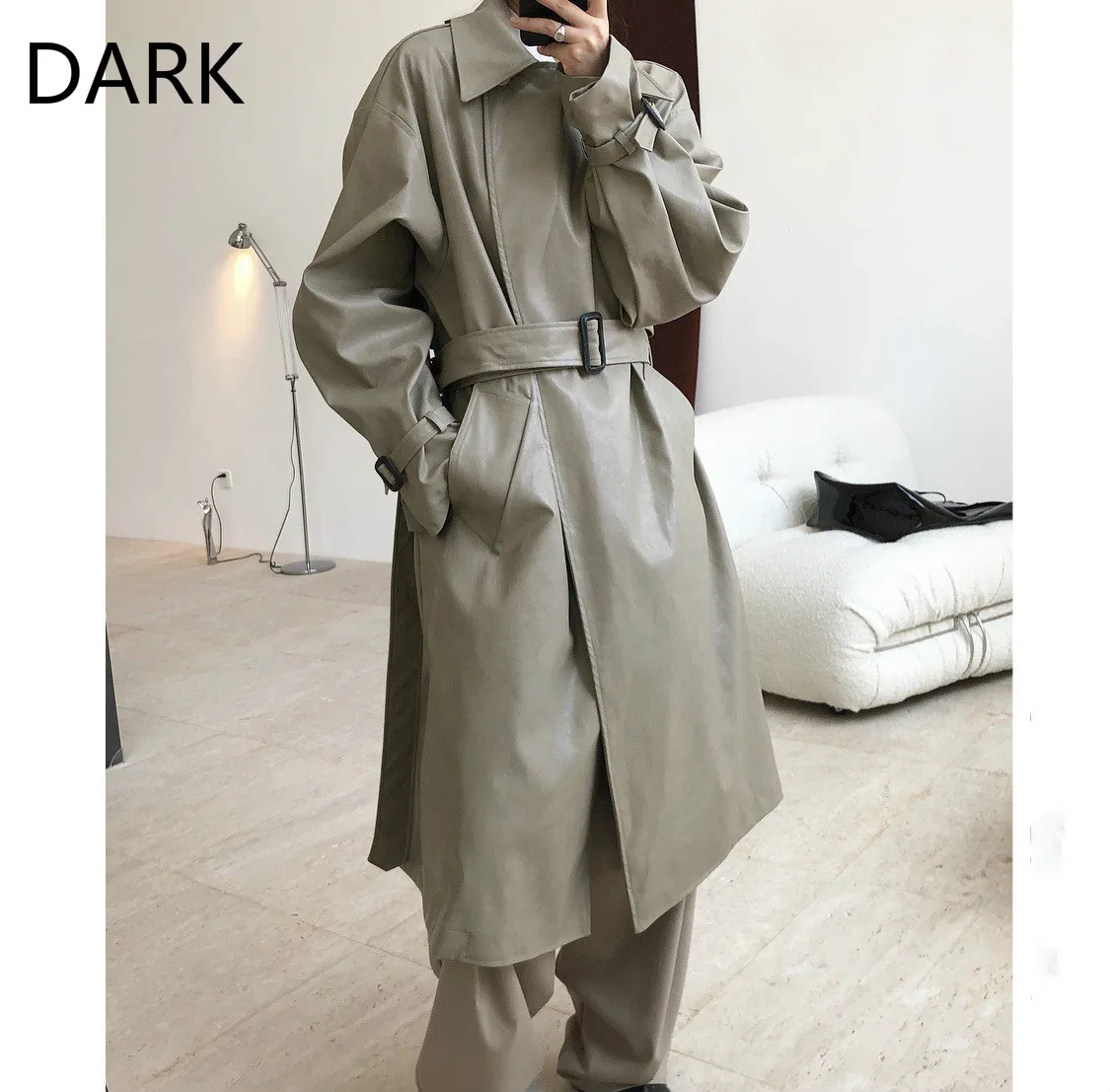 Фото [DARK] Profile Temperament Lapel PU Leather Coat Loose Retro Mid-length Windbreaker Jacket Female Autumn New Style | Женская одежда