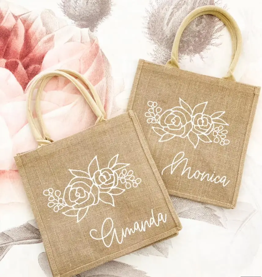 

Personalized Beach Jute Tote Bag Reusable Shopping Storage Handbag Burlap Bag Custom Bridesmaid Gifts Flower Gril Bag