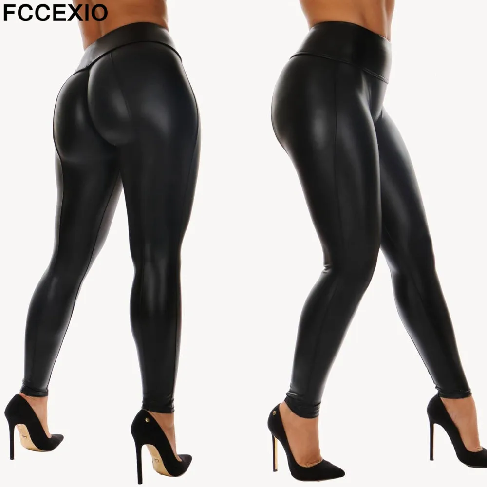 

FCCEXIO Newest Black PU Legging Shiny Bling Faux Patent Leather Stretch Elastic Leggings High Waist Pants Slim Trousers