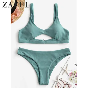 

ZAFUL Ribbed Cut Out Padded Bikini Swimwear Scoop Neck Plain Bikini Sets Solid Color 2020 Spring New Women Two Pieces Swimwear