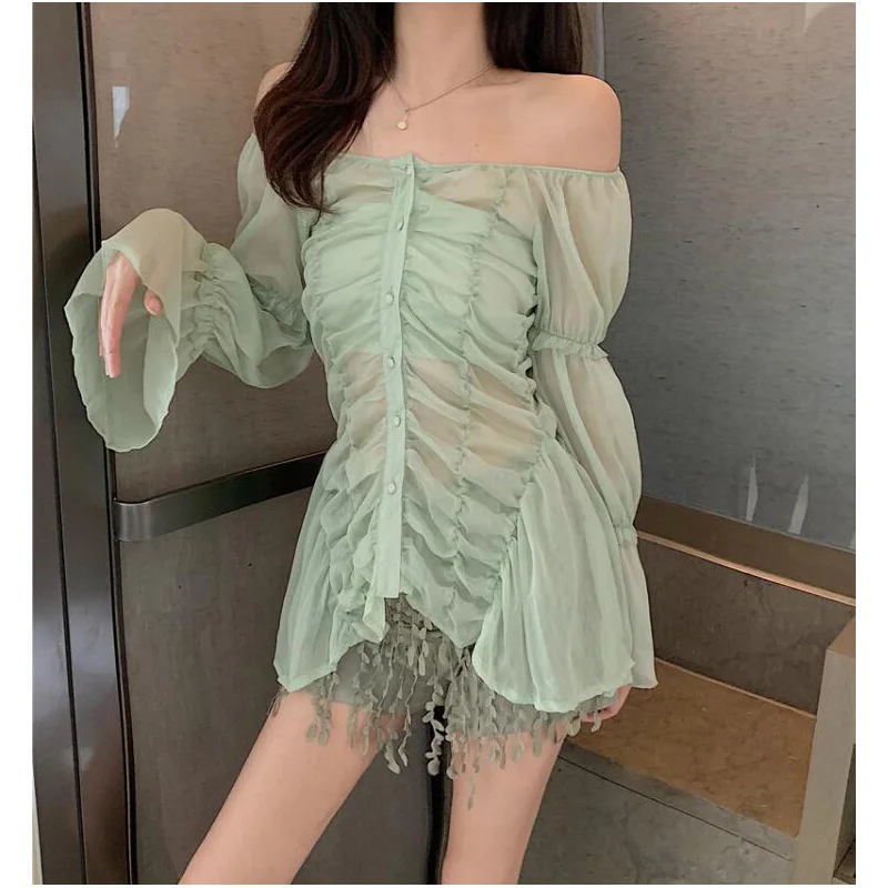 Office ladies light green chiffon blouse sexy off shoulder sweet long sleeve shirts Fashion single-breasted irregula tops HH236
Office ladies light green chiffon blouse sexy off shoulder sweet long sleeve shirts Fashion single-breasted irregula tops HH236