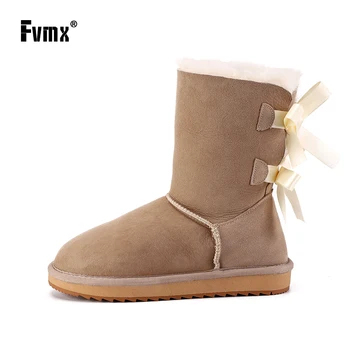 

FVMX Sheepskin Suede cow Leather Wool Fur Lined Mid-calf Winter warm Snow Boots for women Bow-knot Casual Shearling women's Boot