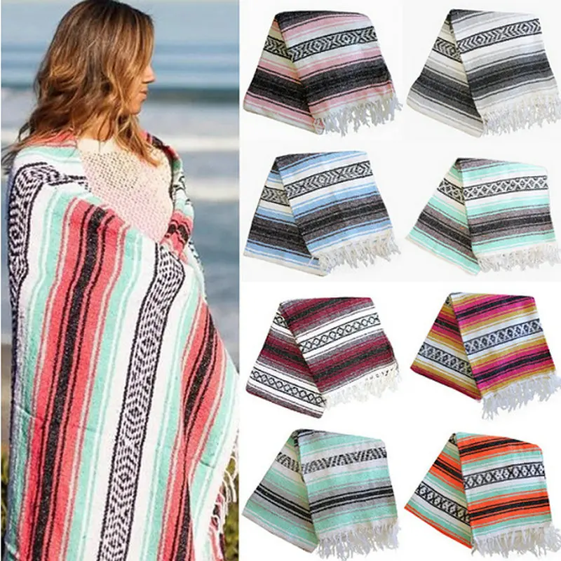 

Mexican Rainbow Stripe Knitted Blanket with Tassel Geometric Pattern Sofa Cover Shawl Yoga Picnic Mat Portable Throw Blankets