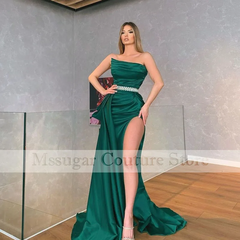 

Elegant Mermaid Evening Dresses 2021 Beading Pleat High Split Celebrity Dress Robe De Soirée Femme