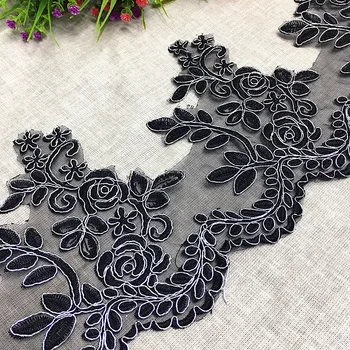 Black silvery cord lace trim embroidery, 19cm wide, 5 yards=1 lot embroidered dress lace border trimming, 2020 new arrivals 
Black silvery cord lace trim embroidery, 19cm wide, 5 yards=1 lot embroidered dress lace border trimming, 2020 new arrivals