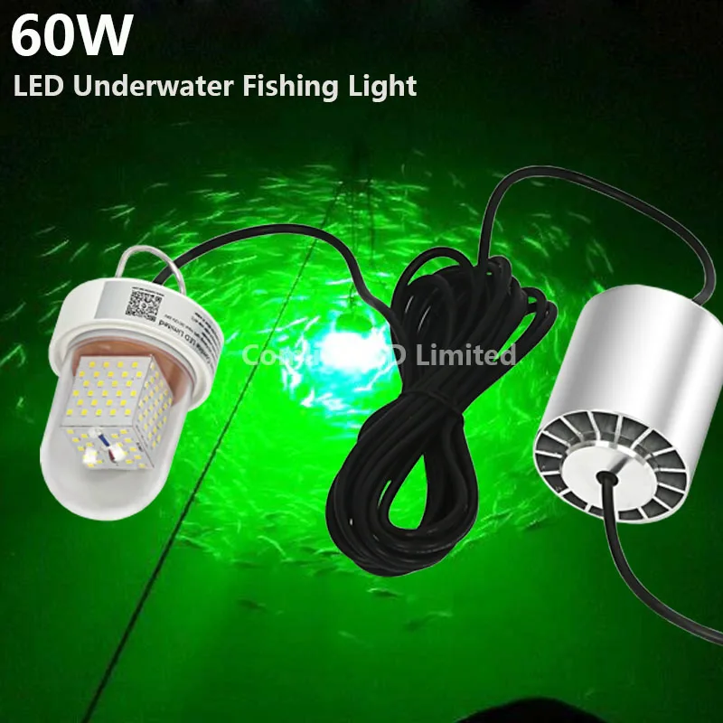 Фото DC12V-24V 60W Green White Blue 6M Cable IP68 Deep Underwater Fishing LED Diving Lights |
