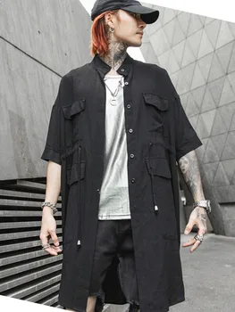 Men Casual Short Sleeve Black Shirt Stand Collar Long Style Shirt Cardigan Male Punk Gothic Clothing
Men Casual Short Sleeve Black Shirt Stand Collar Long Style Shirt Cardigan Male Punk Gothic Clothing