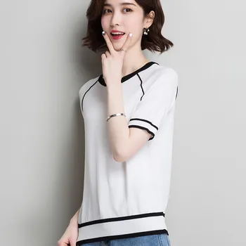 Ladies new round neck stitching short sleeve knitted T-shirt 
Ladies new round neck stitching short sleeve knitted T-shirt