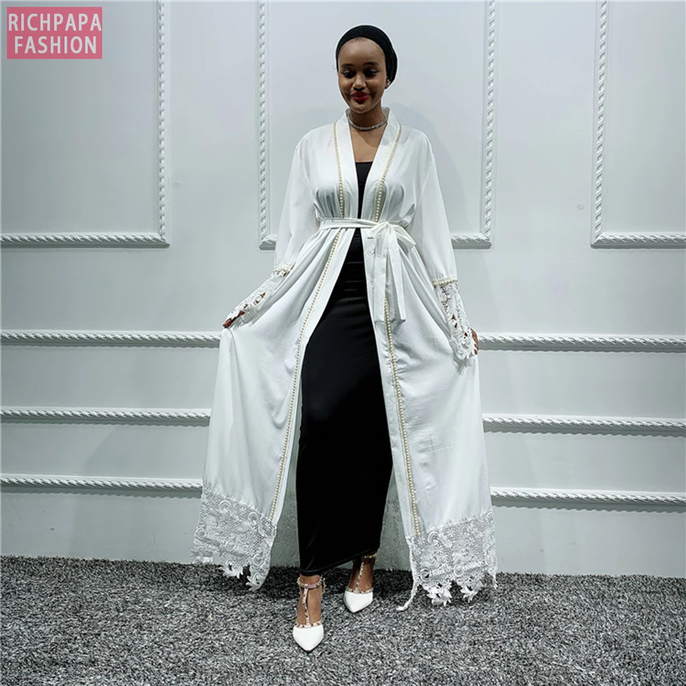Женское белое кимоно-абайя кафтан мусульманское платье Дубая кардиган Рамадан