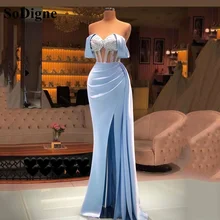 

SoDigne Arabic Sky Blue Mermaid Evening Dresses Beads Exposed Boning Prom Dress Off The Shoulder Side Slit Formal Party Gowns