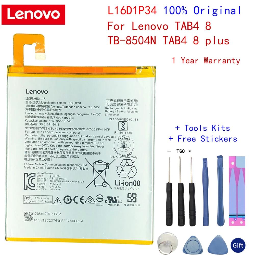 100% Original Lenovo 4850mAh L16D1P34 Battery For Lenovo TAB4 8 TB-8504N TAB4 8 plus High Quality Li-ion Bateria Batterie + tool
100% Original Lenovo 4850mAh L16D1P34 Battery For Lenovo TAB4 8 TB-8504N TAB4 8 plus High Quality Li-ion Bateria Batterie + tool