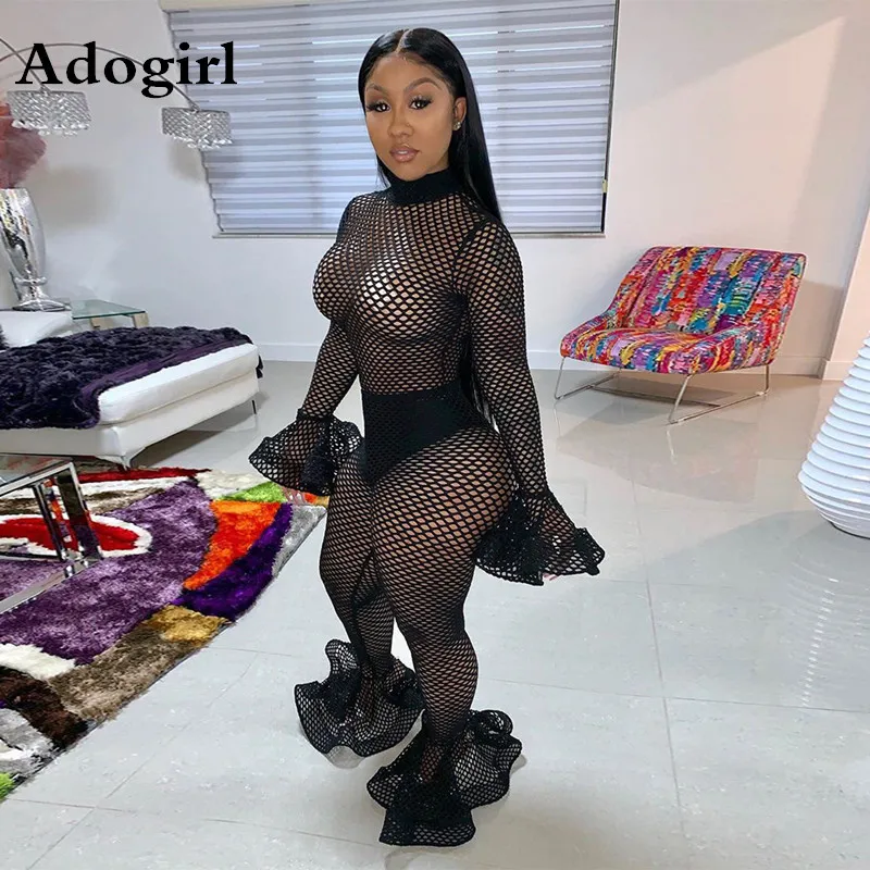 Adogirl Sexy Hollow Out Fishnet Club Jumpsuit Women Turtleneck Long Flare Sleeve Solid Romper Lady Party Boot-cut Long Overalls
Adogirl Sexy Hollow Out Fishnet Club Jumpsuit Women Turtleneck Long Flare Sleeve Solid Romper Lady Party Boot-cut Long Overalls