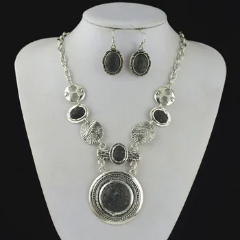 

S133 Black Lava Rock Round Stone Link Necklace Pendant & Earring Jewlery Set ,Women Gift,Vintage Look,Tibet Alloy