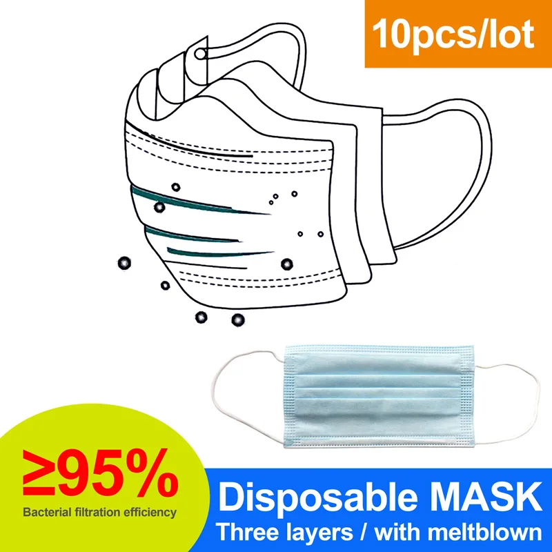 10PCS/lot Bacterial filtration efficiency 95% Disposable Protective mask Three layers Anti droplet with meltblown
10PCS/lot Bacterial filtration efficiency 95% Disposable Protective mask Three layers Anti droplet with meltblown