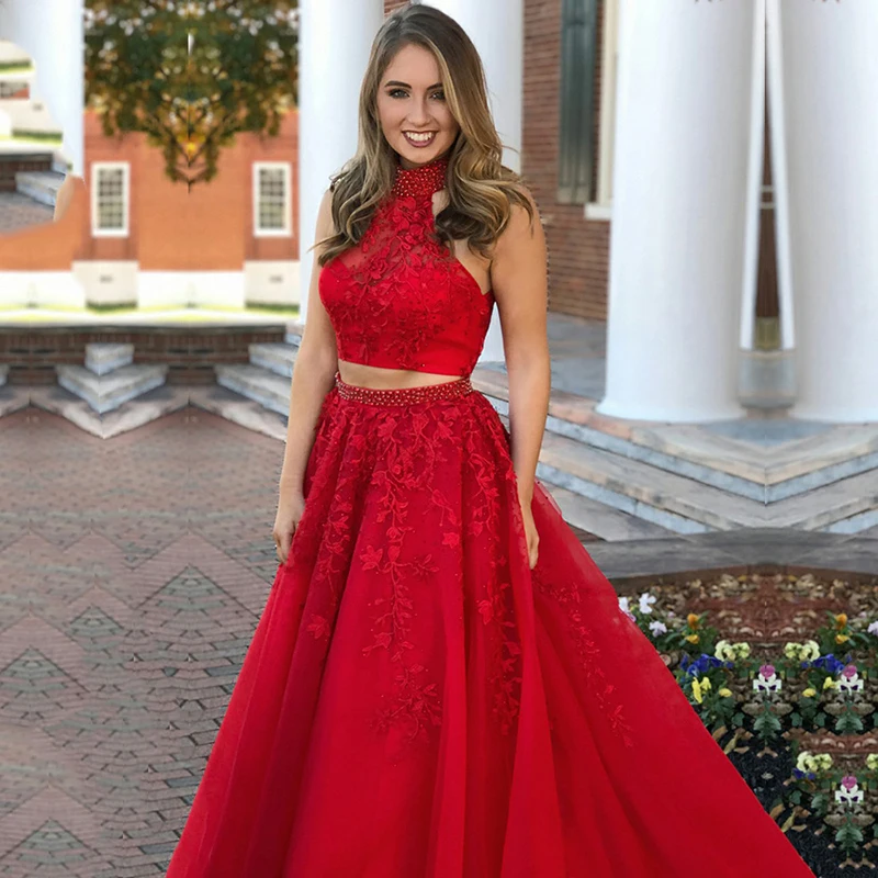 Two Piece Prom Dresses High Neck Beaded Appliques Lace Red Elegant Real Party Dresses Graduation Evening Gowns
Two Piece Prom Dresses High Neck Beaded Appliques Lace Red Elegant Real Party Dresses Graduation Evening Gowns